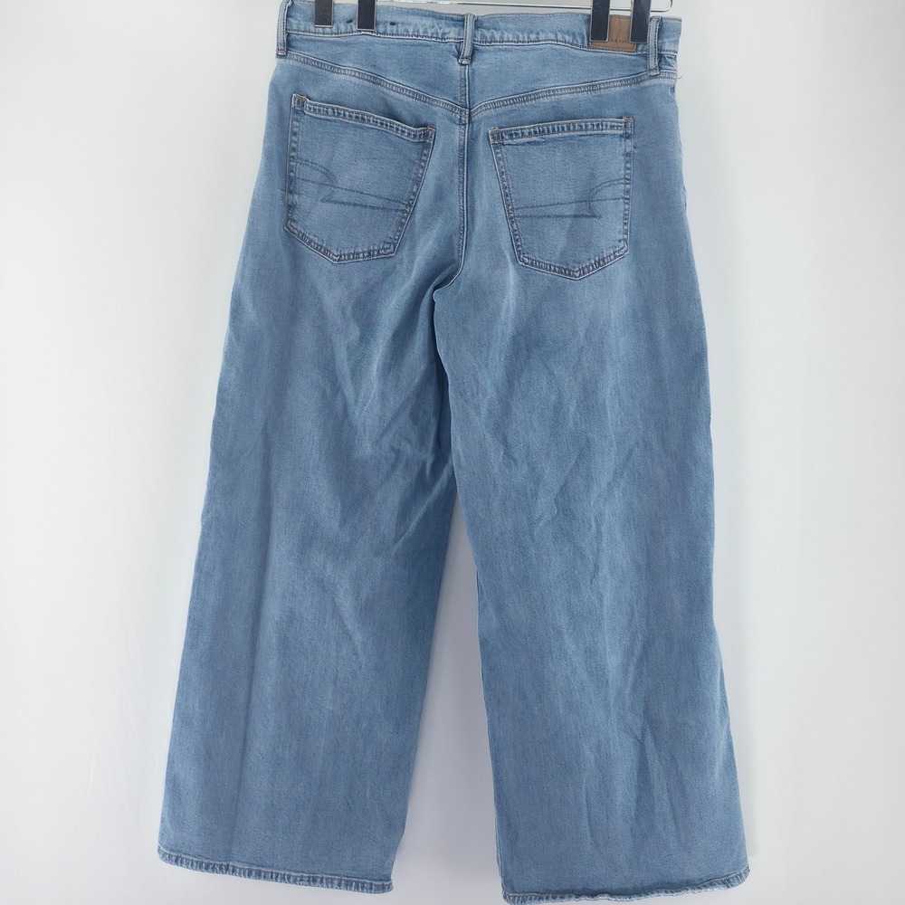 American Eagle Wide Leg Jeans Women 12 Blue Paneled Colorblock High Rise Stretch - Picture 3 of 16